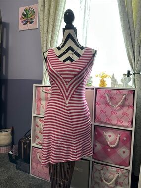 BEBE Pink & White Striped V-Neck Dress XS/S